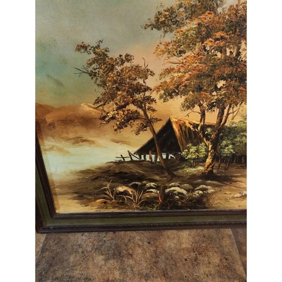 Vintage Original Oil On Canvas Painting Cabin On Lake STUNNING Landscape Signed - Picture 4 of 13